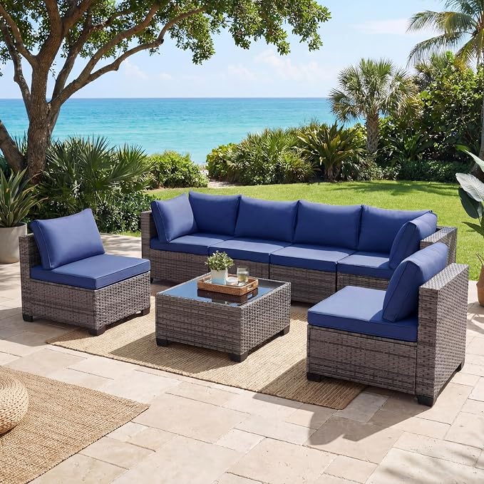 7 Pieces Outdoor Wicker Patio Furniture Set, Patio Conversation Sectional Set with Cushions & Coffee Table, All Weather PE Rattan Patio Sofa with Tea Table for Backyard Porch Garden (Navy-blue)