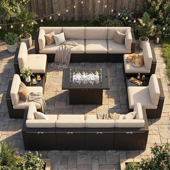 15 Pieces Patio Furniture Set with 44" Propane Gas Fire Pit Table, Outdoor Sectional Wicker Conversation Sofa Sets with Coffee Table