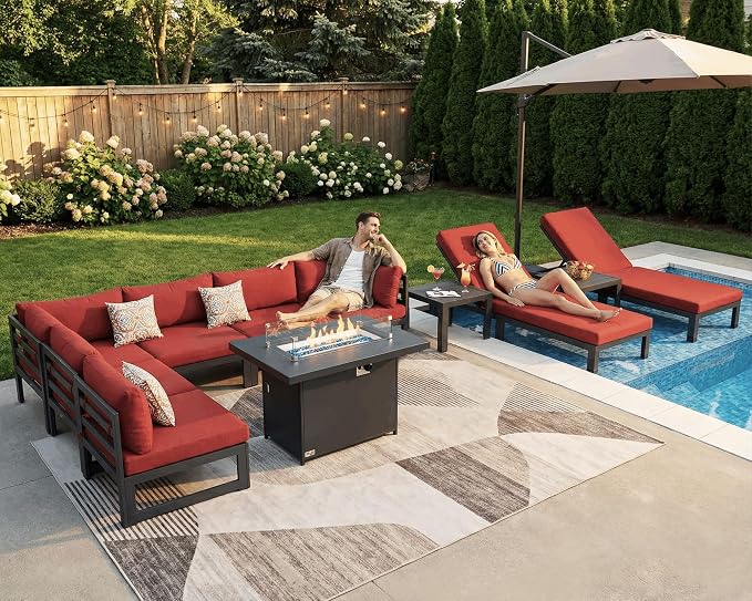 NICESOUL 11 Pcs Aluminum Patio Sectional Furniture Set with Lounge & Fire Pit Table, 500 lbs Heavy Duty Anti-Rust Outdoor Couch, 29" Deep Wide Seat, High End Conversation Sofa for Poolside, Burgundy