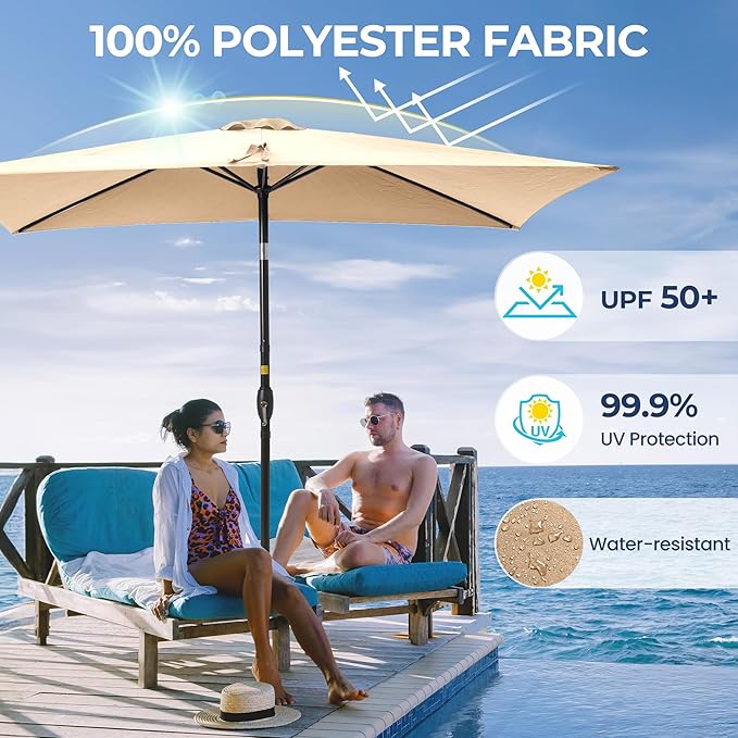 FansaFurn 6.5 x 10 Ft Rectangular Patio Umbrella Aluminum Pole, Outdoor Table Market Umbrella with Crank, 6 Steel Ribs, Polyester Canopy.EU03