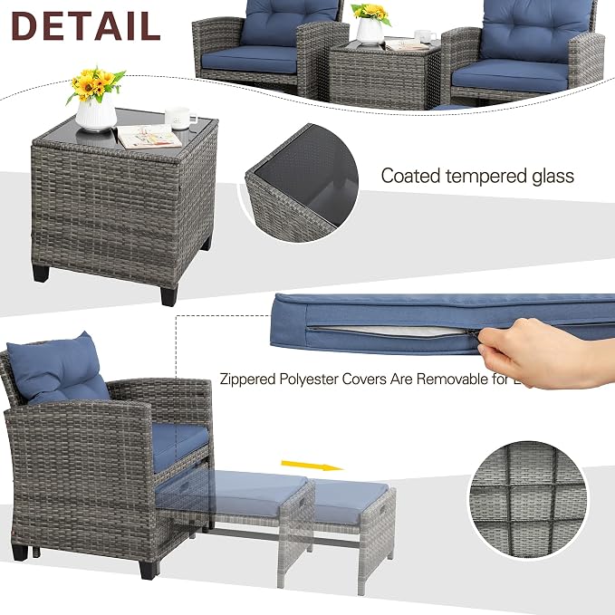 Vongrasig 5 Piece Patio Furniture Set, Small Balcony Furniture, PE Wicker Rattan Patio Chairs Set of 2, Outdoor Lounge Chairs with Cushions Ottomans &Glass Table for Porch Garden(Navy Blue)