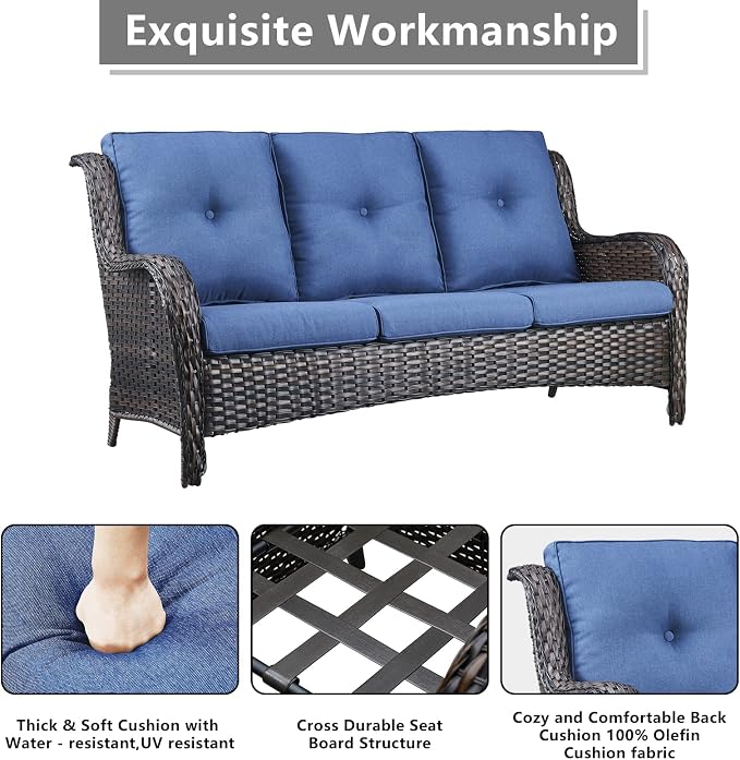Rilyson Wicker Patio Furniture Set - 7 Piece Rattan Outdoor Sectional Conversation Sets with 1 Sofa,4 Armrest Chairs and 2 Ottomans for Porch Deck Garden(Brown/Blue)