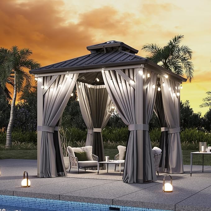 Aoxun 8x8 Hardtop Gazebo, Aluminum Frame Outdoor Gazebo with Double Galvanized Steel Roof, Patio Pavilion with Netting and Curtains, Backyard Gazebo for Patio Deck Garden