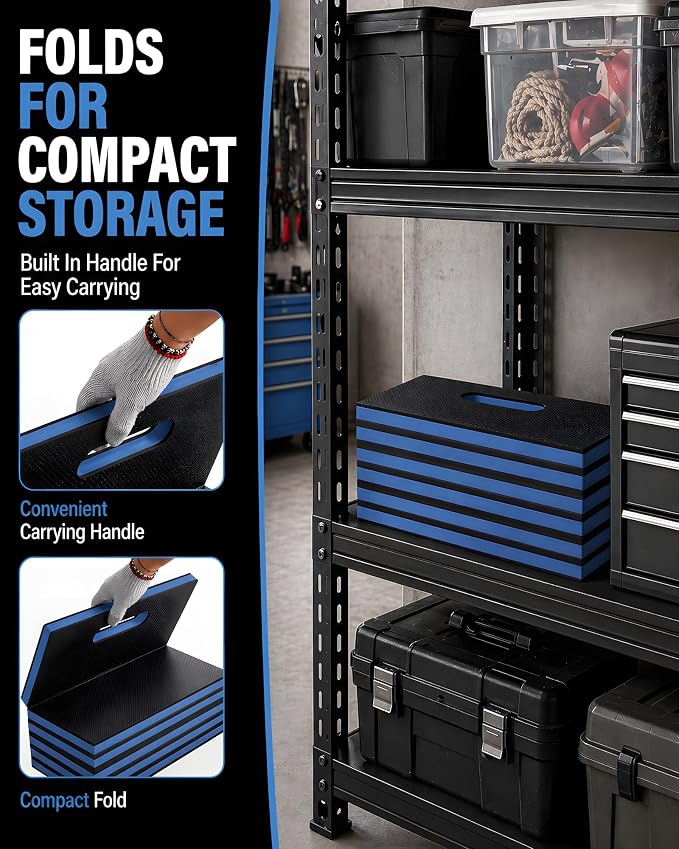 Folding Kneeling Pad, 1 Inch Thick Compact Mechanic Mat, Blue | 47.24 x 15.74 Inch 6-Panel Firm Foam Pad with Tool Pockets, Carry Handle and Water-Resistant Textured Surface