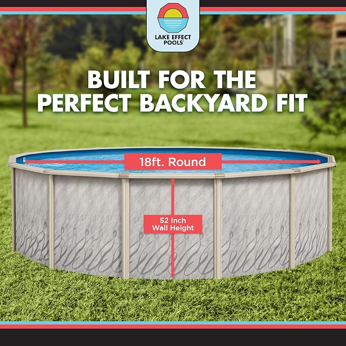 Lake Effect Pools 'Meadows' 18 ft Round Above Ground Swimming Pool | 52 Inch Steel Side Walls | Kit Includes: 25 Gauge Overlap Liner & Widemouth Skimmer