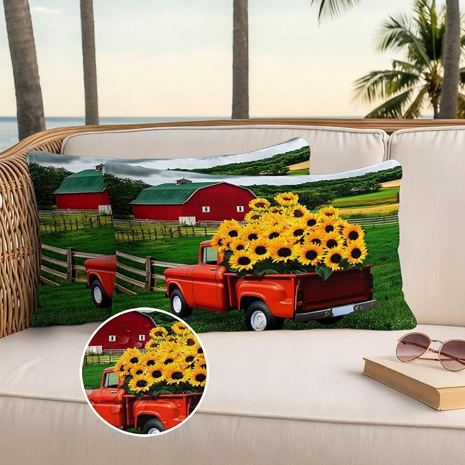 Waterproof Pillow Covers Set of 2 12x20 Inch Farmhouse Sunflower Outdoor Lumbar Cushion Covers Farm Red Truck Decorative Pillow Cases for Patio, Sofa, Couch, Garden