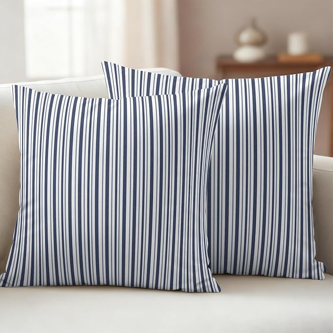 Navy Blue Vertical Stripes Waterproof Outdoor Pillow Covers Set of 2 Home Decor, Pinstripes Apricot Lines Pillowcase Patio Pillow Covers for Couch Bench Patio Furniture Garden 16x16in