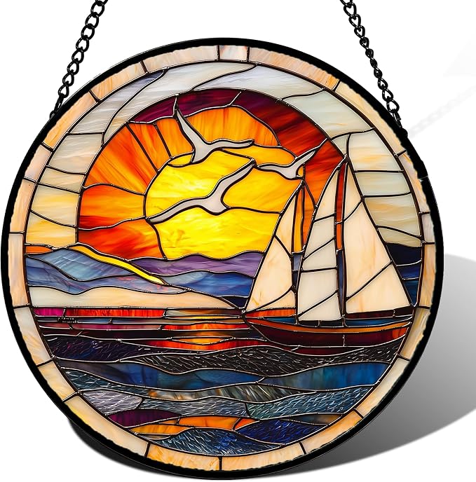 DASTOLL Stained Glass Window Hanging, Sun Ocean Sailboat Seagull Abstract Suncatcher Diamond Glass Panel Sun Catchers Decor for Birthday for Women, Men, Wife, Aunt, and Mom 14.9x14.9 in