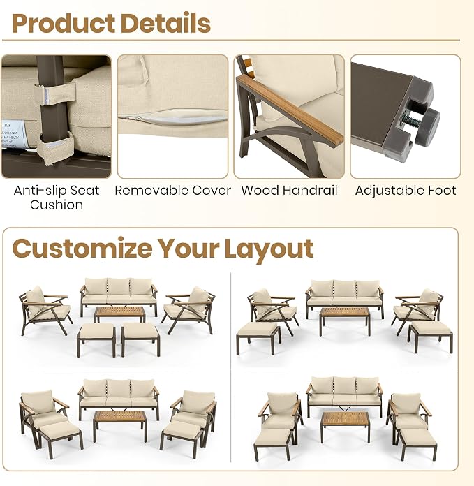 6-Piece Outdoor Patio Furniture Set,Steel Frame Sofa Set with 3-Seat Couch, 2 Armchairs,2 Ottomans & Acacia Wood Coffee Table, Cushioned Seating for Backyard, Garden,Poolside (Cream Beige#56)