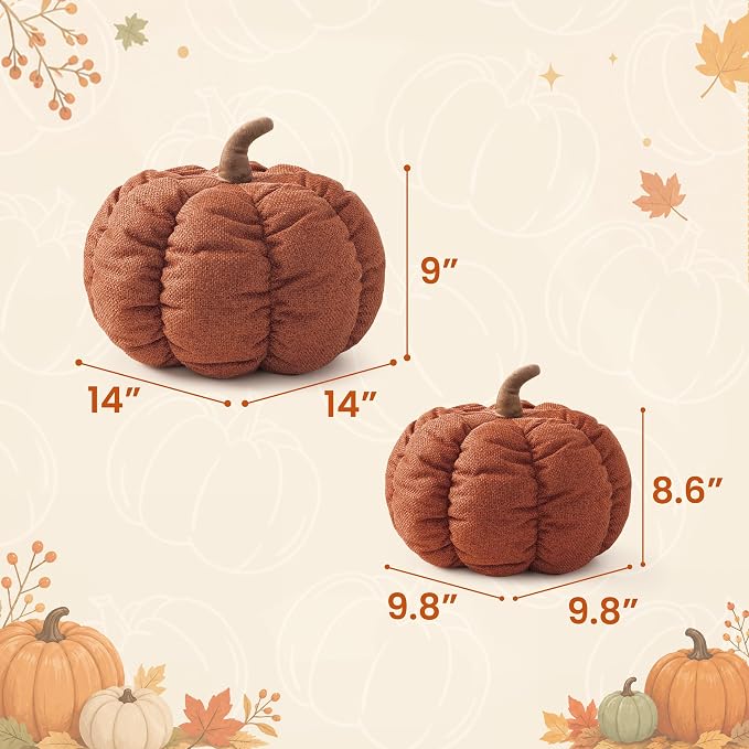 AELS Pumpkin Throw Pillows Set of 2, 14" & 10" Cinnamon Fall Pillows | for Couch Sofa Bed Living Room Home Decor, Farmhouse Textured 3D Fall Halloween Thanksgiving Decorative Accent Pillows