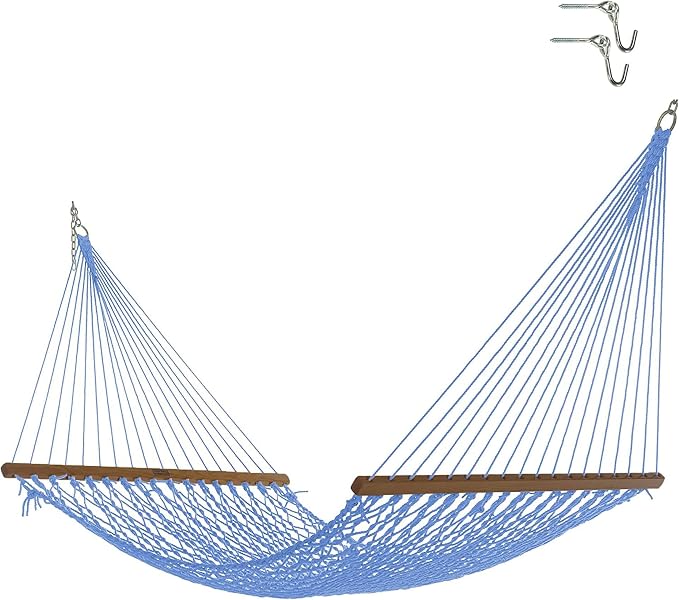 Nags Head Hammocks First Mate Coastal Blue DuraCord Rope Hammock – 12 ft. x 50 in., 450 lb Capacity, Cumaru Spreader Bar, Galvanized Hardware, Handcrafted in USA, Free Chains & Tree Hooks