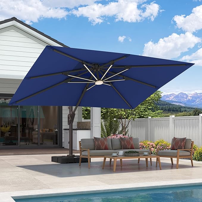 9x12 FT Cantilever Patio Umbrella with Led Lights Double Top Outdoor Rectangular Large Heavy Duty Aluminum Offset Umbrellas with 7 Level Tilt 360-degree Rotation for Pool Garden Deck, Navy
