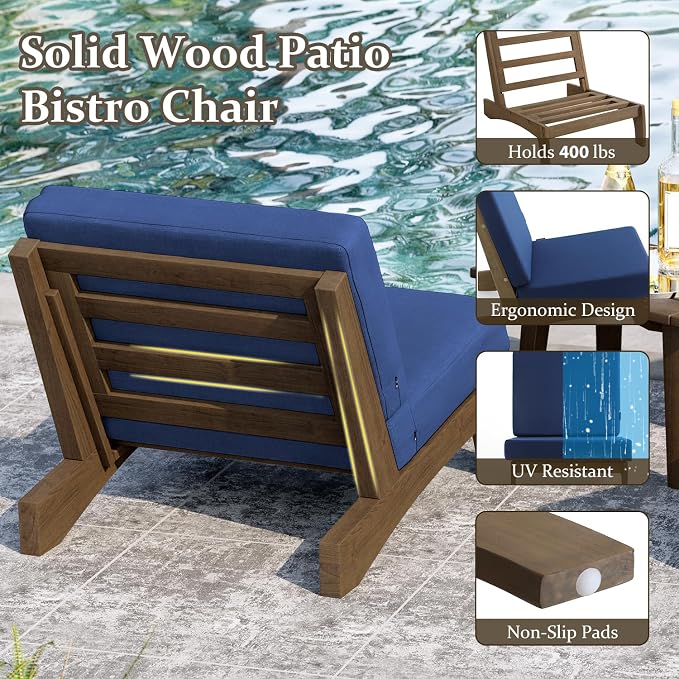 Pia Ricoo 3 Piece Patio Bistro Set with Patio Chairs and Table, Heavy Duty Wood Patio Furniture Set, All-Weather Outdoor Chairs for Balcony, Deck, Poolside, Porch - Navy