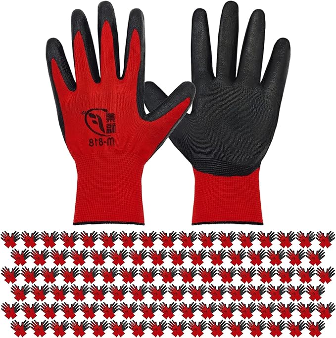 WHEATHUSK 100 Pack Gardening Gloves Bulk for Men Women, Breathable Nitrile Rubber Coated Garden Gloves Dipped Gripping Work Gloves for Construction, Gardening