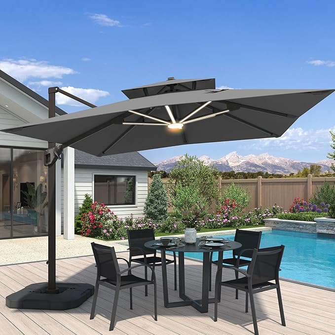 10x10 FT Cantilever Patio Umbrella with Base and Led Lights Double Top Outdoor Square Large Heavy Duty Aluminum Offset Umbrellas with 7 Level Tilt 360-degree Rotation for Pool Garden Deck, Grey