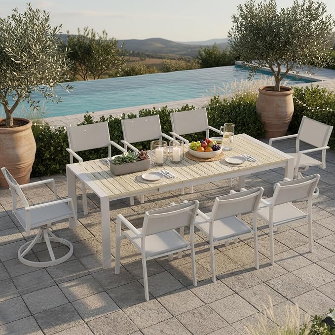 Outdoor Dining Table, Extendable Patio Dining Table for 6-10 People, Aluminum Frame with Wood-Grain Surface Drainage Design, All-Weather Expandable Dining Furniture Set for Garden Lawn Patio