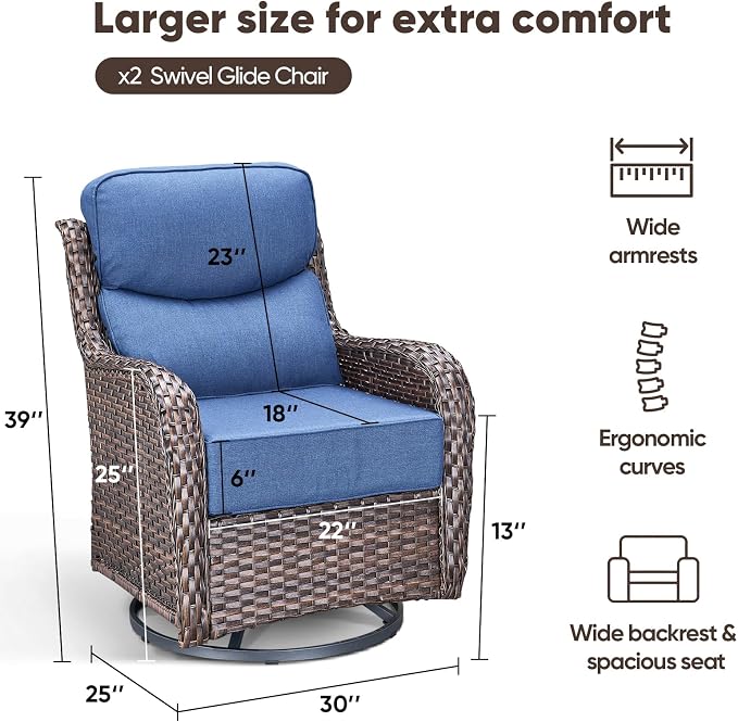 Swivel Patio Chairs Set of 3 with 6" Thick Cushion - Wicker Outdoor Swivel Rocker Patio Chairs with Side Table, High Back Comfortable Outdoor Glider Chair - Brown Wicker Blue Cushion