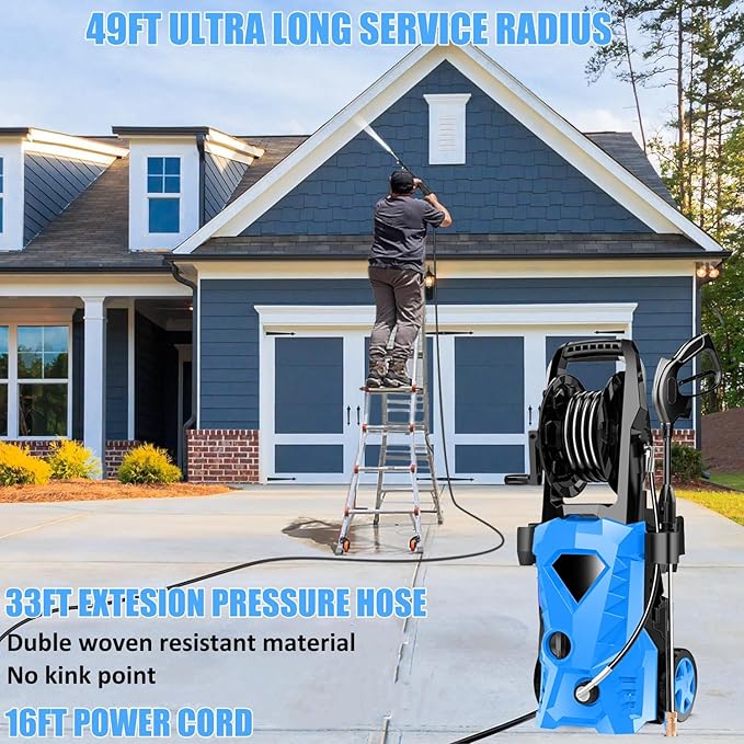 Electric Pressure Washer 5000 PSI Portable Power Washer with 33FT Hose, 4 Nozzle Set for Home/Cars/Fences/Windows, Blue