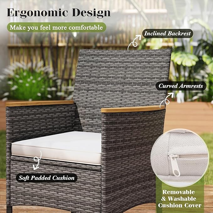 Tangkula 10 Pieces Patio Wicker Dining Set w/Double-Sided Patio Umbrella, Outdoor Acacia Wood Furniture Set w/ 8 Armchairs, Dining Table & 15 ft Umbrella with Weighted Base (Gray)