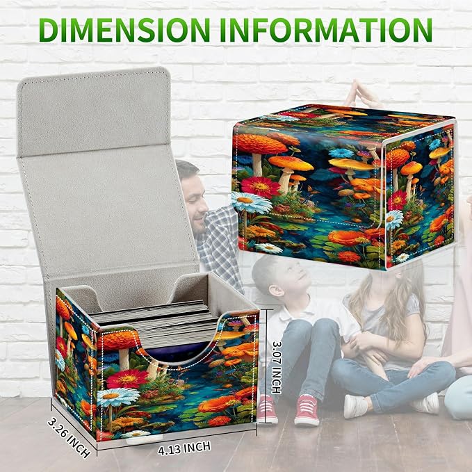 Card Deck Box for MTG, Cards Storage Box Fits 120+ Sleeved, Leather Small Size Strong Magnetic Closing Card Case for Board Games Magic TCG CCG Baseball Collection, Mushroom Red Flower