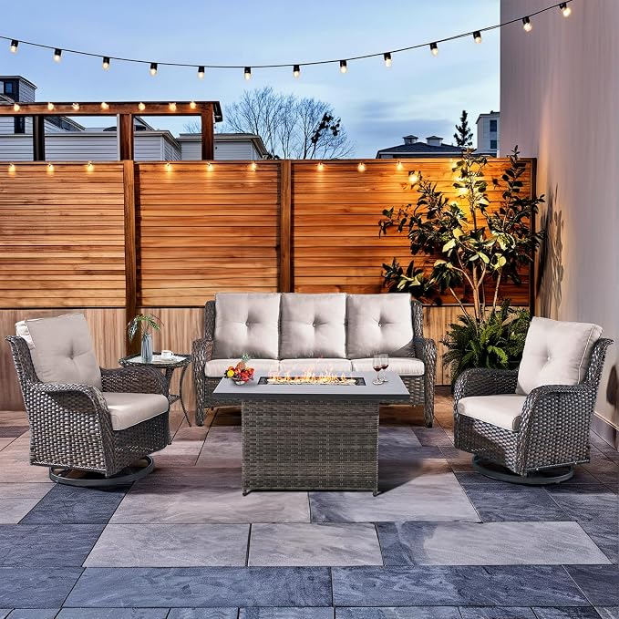 HUMMUH Patio Furniture Set with Fire Pit Table 5-Piece Wicker Outdoor Swivel Rocker Patio Chairs High Back Outdoor Couch Conversation Set for Porch, Backyard, Deck