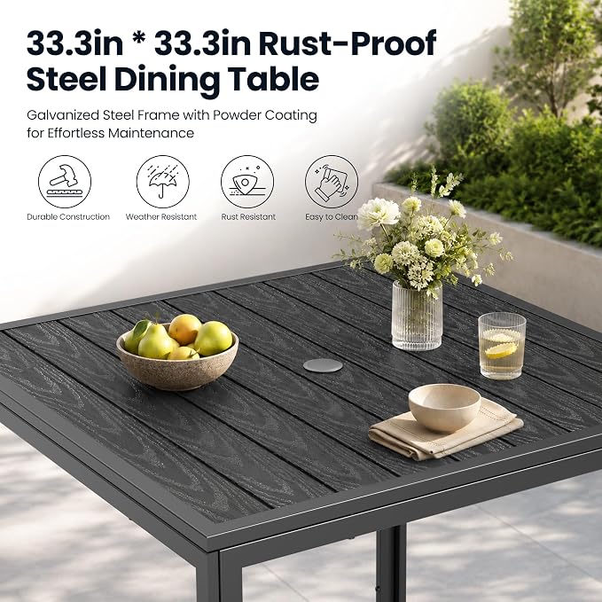 Pamapic 5-Piece Outdoor Dining Set, All Weather Patio Table and Chairs Set with Umbrella Hole, Wood-Like Metal Table and 4 360° Swivel Textilene Chairs for Backyard, Poolside, Deck, Porch, Grey