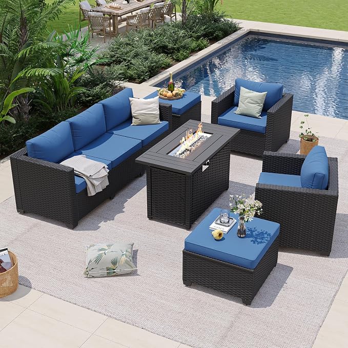Aoxun Patio Furniture Set with Fire Pit Table, 6 Piece Outdoor Furniture Set with Wicker Ottomans, Rattan Outdoor Sectional Sofa with Thickened Cushion & Waterproof Cover Navy Blue