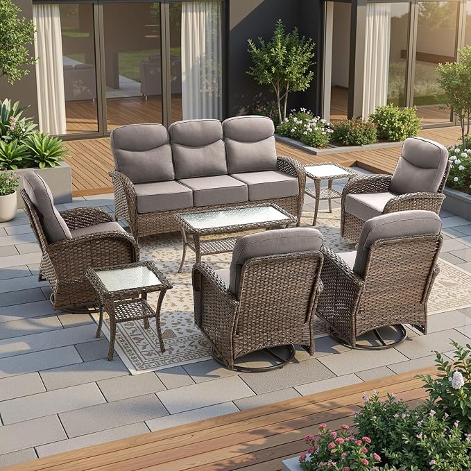 High Back Luxury Patio Furniture Set with 6-inch Thick Cushion, Swivel Rocker Patio Chairs Set of 4 with Outdoor Couch, 8 Piece Wicker Conversation Set for Deck Yard Garden Balcony Gray