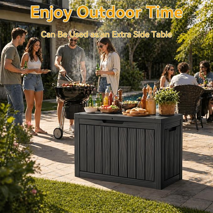 50 Gallon Storage Box for Outdoor and Indoor Use, Outdoor Deck Box for Picnic Supplies, Gardening Tools Waterproof, Lockable and Easy to Install Black