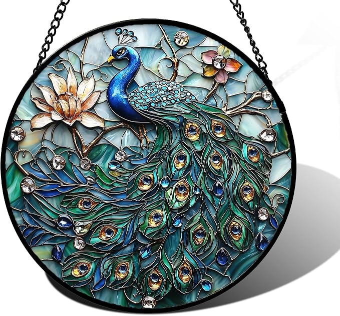 DASTOLL Stained Glass Window Hanging, Blue Peacock Decoration Suncatcher for Door Garden Home Flower Bird Sun Catchers Christmas Mother's Day Birthday Gifts for Women Men Mom Nana Friend 6.3 in