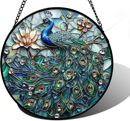 DASTOLL Stained Glass Window Hanging, Blue Peacock Decoration Suncatcher for Door Garden Home Flower Bird Sun Catchers Christmas Mother's Day Birthday Gifts for Women Men Mom Nana Friend 11.8 in