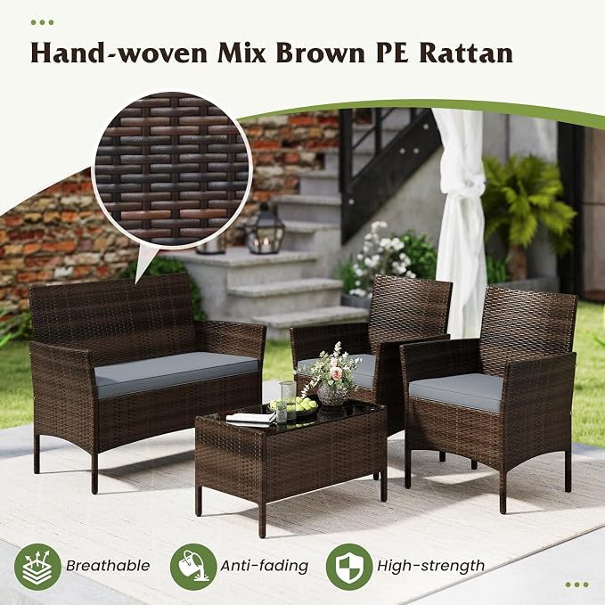 ORALNER 4 Pieces Patio Furniture Set, Rattan Chairs Loveseat with Soft Cushion Glass Table, Outdoor Wicker Conversation Set for Balcony Garden Backyard Porch Poolside (Gray)
