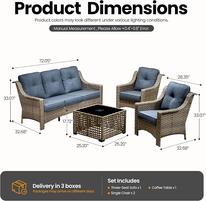 4 Piece Outdoor Patio Furniture Set, All Weather Waterproof Wicker High Back Conversation Set, Two Single Chairs, Solar Light Coffee Table, Outside Furniture for Porch Balcony, Diamond Blue