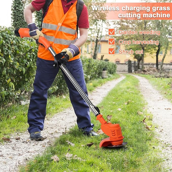Cordless String Trimmer with Fast Charger, 2 X 2.1Ah Battery Powered Weed Wacker with Auto Line Feed, 21V Weed Eater, Lawn Edger, Cordless Grass Trimmer/Wheel Edger/Mini-Mower/Brush Cutter (Red A)