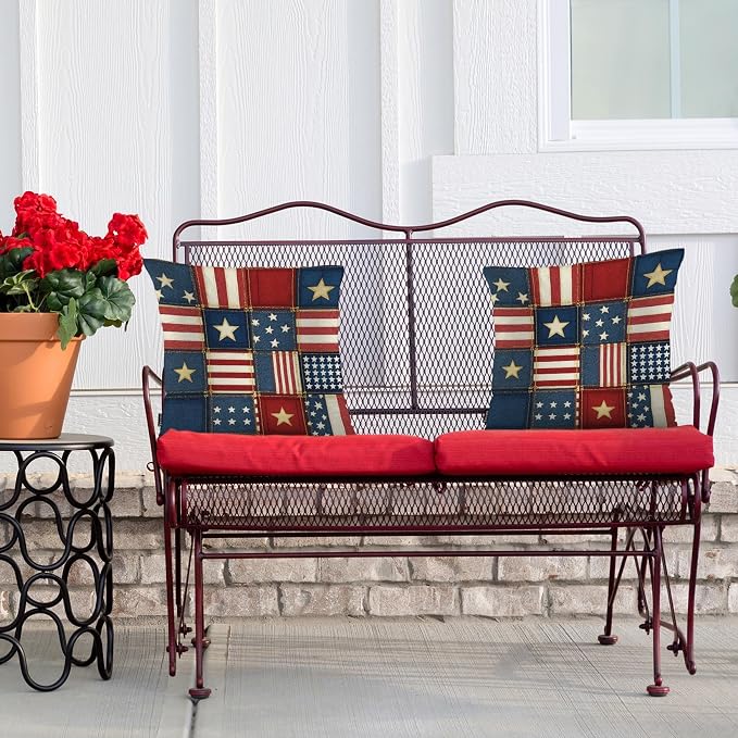 Swono Patchwork of American Flag Square Pillow Covers Cushion Covers, Grunge Denim USA Flag 18 X 18 Inch Set of 2 Throw Pillow Cover Pillowcases Home Decorative for Couch Sofa Car Bedroom, No Insert