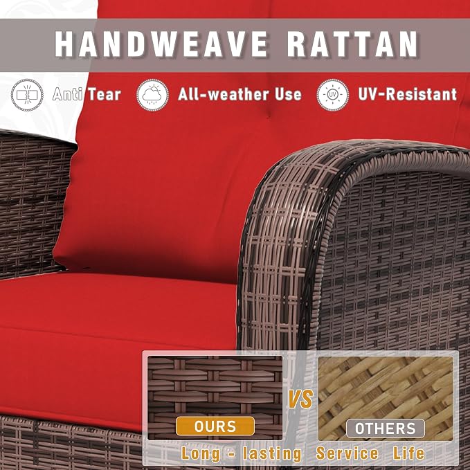 4 Piece Patio Conversation Set - 2 Swivel Chairs 1 Coffee Table 3-Seater Sofa, PE Wicker & Steel Patio Furniture with Heavy-Duty Steel Frame,Weatherproof Cushions, Red
