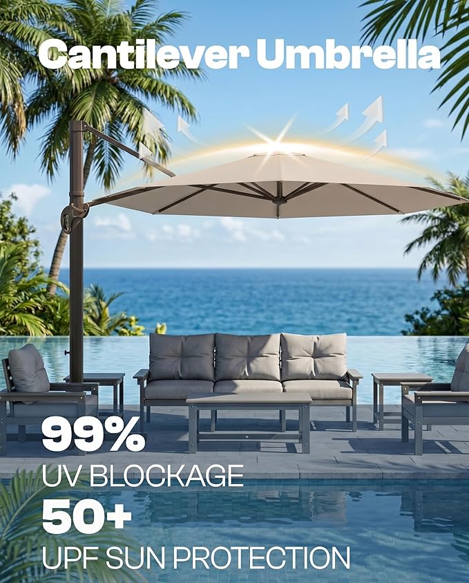 10 FT Round Cantilever Umbrella,Easy Tilt, Fade Resistant & 360° Rotation, Offset for Pool Deck Backyard Patiobeige (Base not Included)