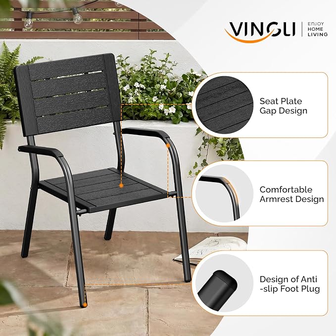 VINGLI Outdoor Patio Dining Chairs, Stackable HDPE All-Weather Arm Chairs, Weatherproof Outdoor Seating for Garden, Backyard, Poolside, Balcony,Black (4 Pack)