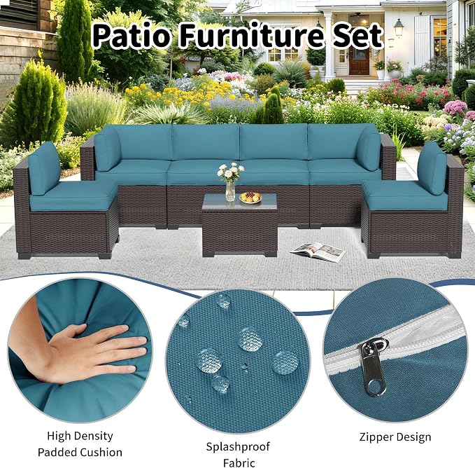 YLGJ&TIDY 7-Piece Outdoor Sectional Patio Furniture Set, All-Weather Wicker Rattan Sofa w/Thick Washable Cushions & Tempered Glass Table, Perfect for Garden, Poolside, Backyard (7, Peacock Blue)