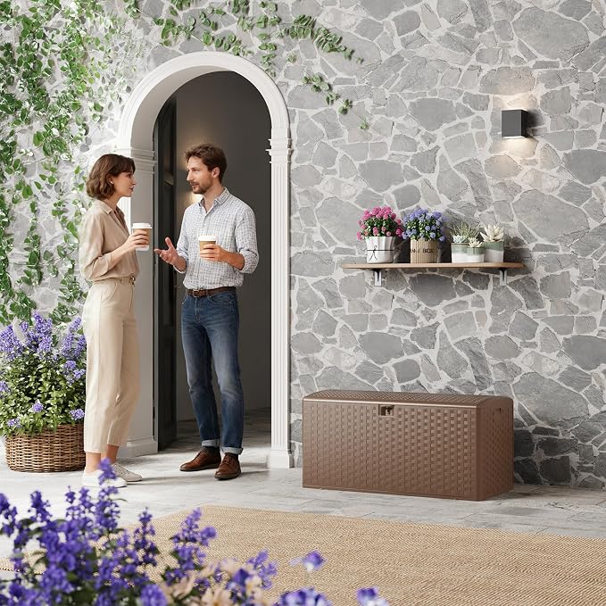 Takywep 100 Gallon Outdoor Storage Box, Waterproof Resin Deck Box with Lockable Lid, UV-Resistant Storage Bench for Patio Cushions, Garden Tools, Outdoor Furniture & Package Delivery Brown
