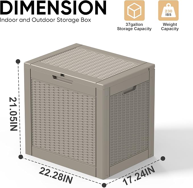 EasyUp 37 Gallon Deck Boxes Outdoor Waterproof, Resin Outside Storage Box for Patio Cushion Furniture Pool Accessories Garden Tools Indoor Outdoor Storage Bench (37 Gallon, Grey)