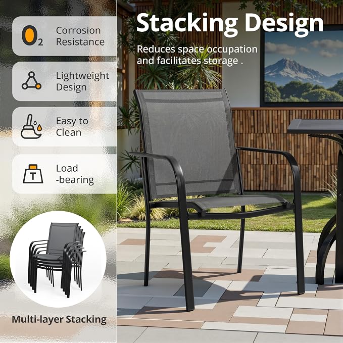 SUNCROWN 8 - Piece Outdoor Dining Set, Patio Furniture Set with 6 Textilene Dinning Chairs, 1 Rectangle Metal Table and 1 Brown 9Ft Patio Umbrella for Lawn Garden Backyard Deck, Grey