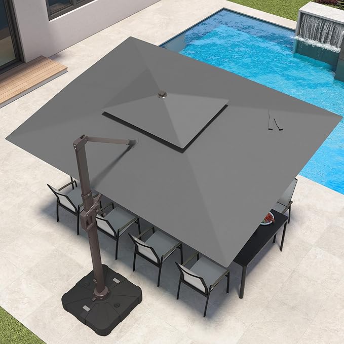 9x12 FT Patio Umbrella with LED Lights Cantilever Outdoor Large Heavy Duty Rectangle Aluminum Offset Umbrellas Double Top 360 Rotation 7 Tilt Adjustment for Pool Deck Garden, Grey