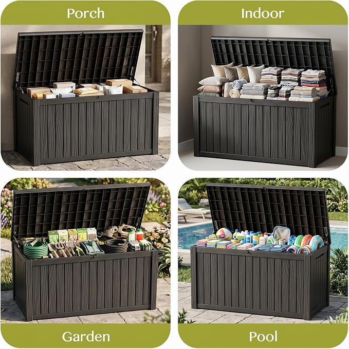 Waterproof Outdoor Storage Box Outside Deck Box Lockable Resin Bench UV Resistant Furniture Cushion Pool Tool Float Bin Patio Garden Porch (Black, 200 Gallon)