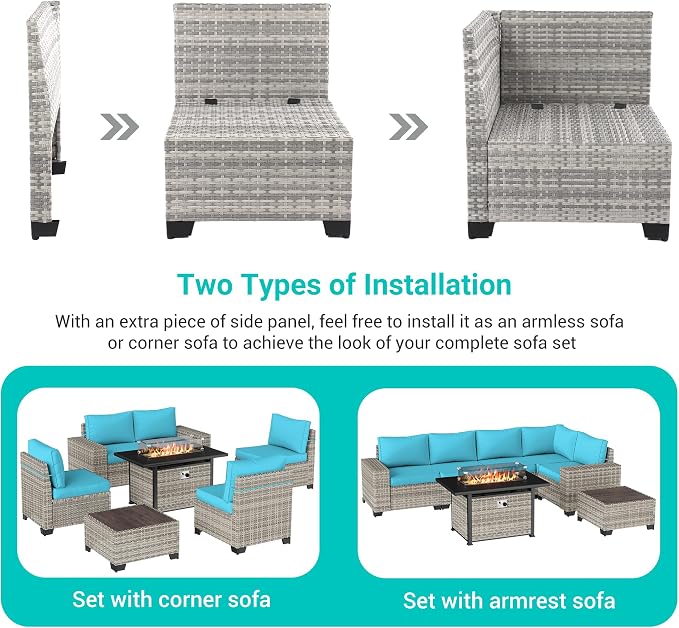 7-Piece Outdoor Patio Furniture Set with 55,000 BTU Fire Pit Table, PE Wicker Rattan Sectional Sofa Set Patio Conversation Set with Coffee Table, Turquoise