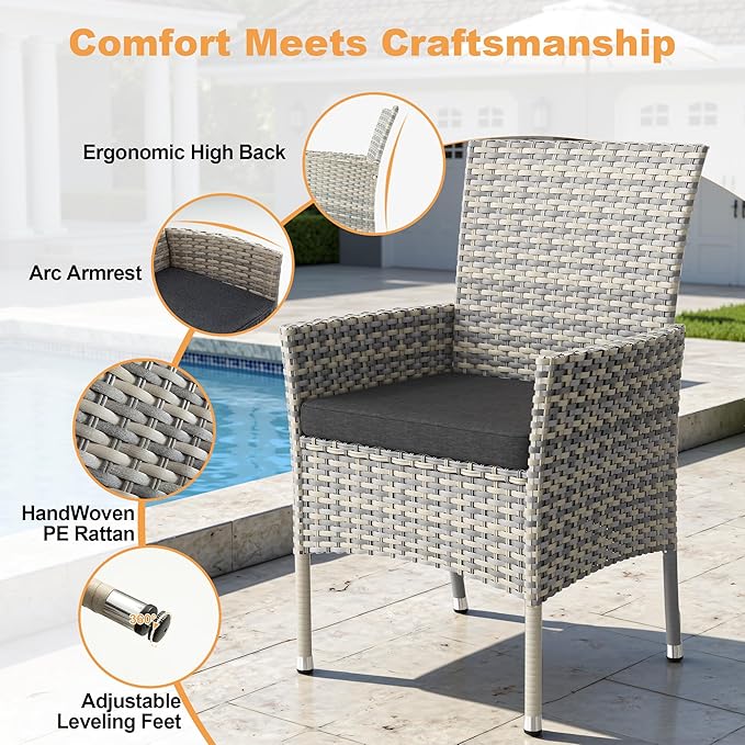 5-Piece Patio Dining Set, Patio Furniture Set with Square Tempered Glass Table & 4 Wicker Chairs, Expandable Design for Larger Groups, Outdoor Furniture for Backyard, Deck, Garden, Dark Grey