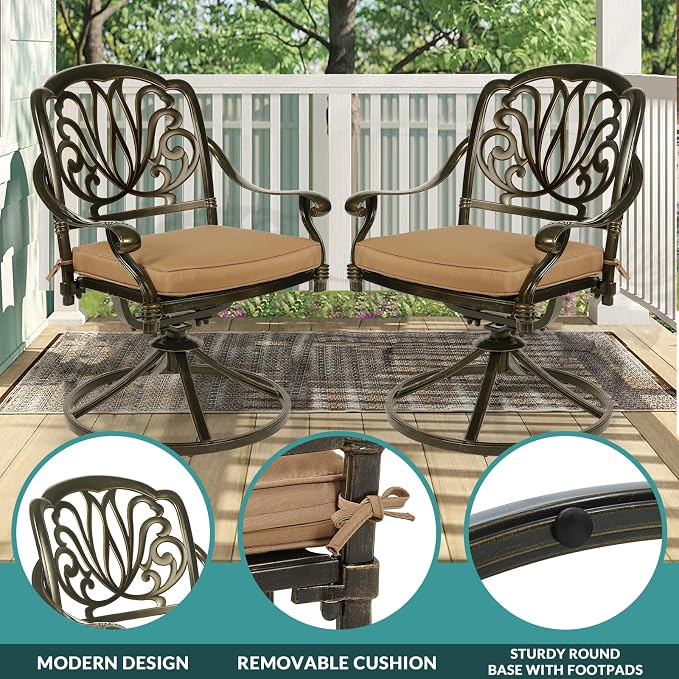 MEETWARM 9-Piece Outdoor Patio Dining Set for 8, All Weather Cast Aluminum Patio Funiture Table and Chairs Set- Large 64" Square Table and 4 Swivel Rocker Chairs, 4 Stationary, Umbrella Hole, Khaki