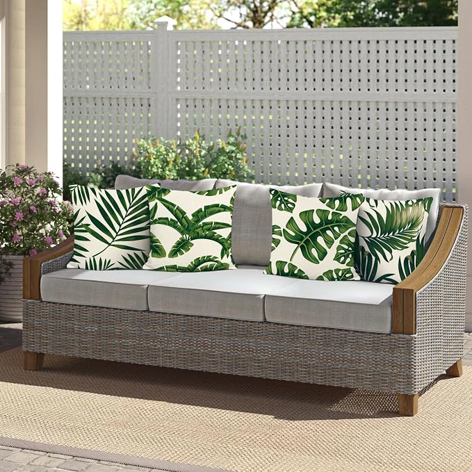Bonhause Tropical Leaves Throw Pillow Covers 16x16 Set of 4 Green Palm Leaf Decorative Pillow Cases Polyester Linen Outdoor Cushion Covers for Sofa Couch Garden Home Decor
