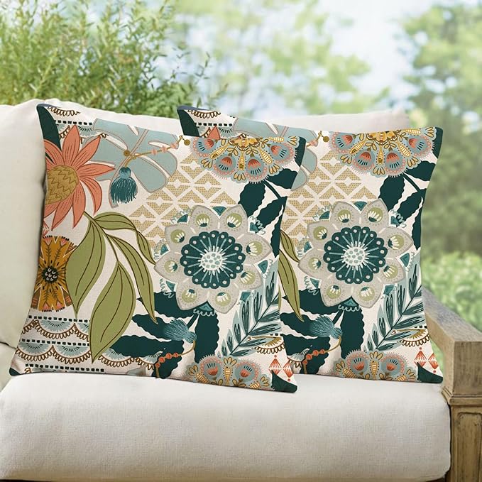 Boho Flowers Outdoor Pillow Covers Waterproof 18x18 Decorative Tropical Floral Patio Pillow for Porch Furniture