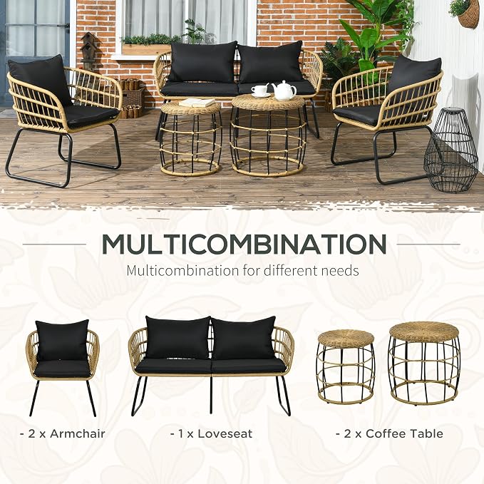 Outsunny 5 Piece PE Rattan Outdoor Furniture Set with Cushioned Chairs & Loveseat Sofa, Patio Sectional Furniture Set, Conversation Sofa Set with Stackable Coffee Tables, Black